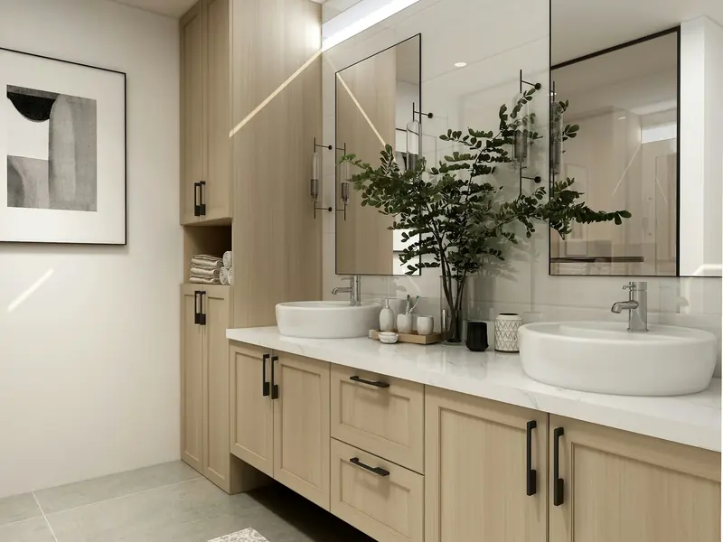 Baño con doble lavabo y muebles de madera clara