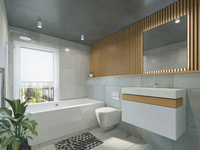 Baño moderno con bañera, listones de madera y mueble suspendido