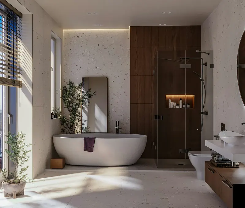Baño con bañera exenta, ventanal y revestimiento de madera