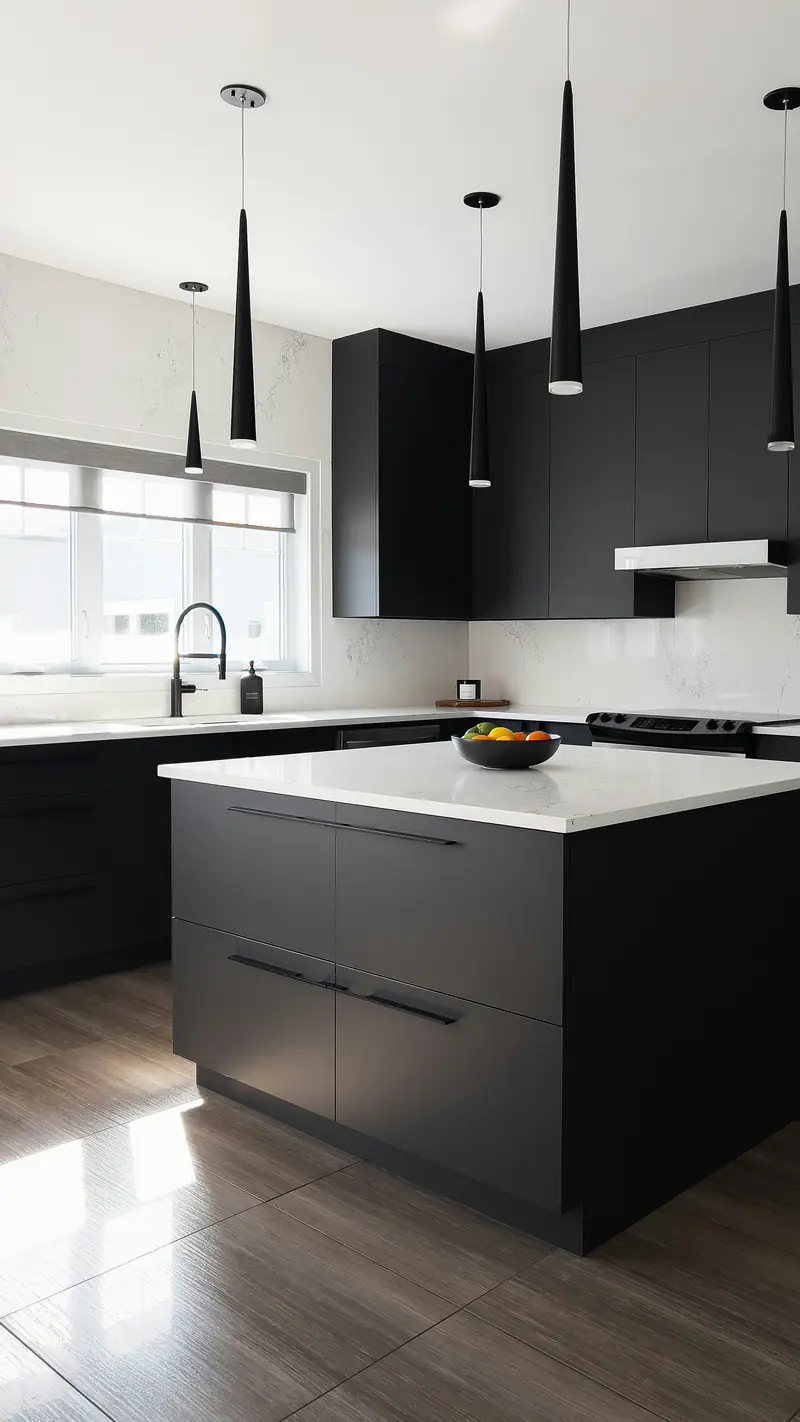 Cocina negra con isla y encimera blanca