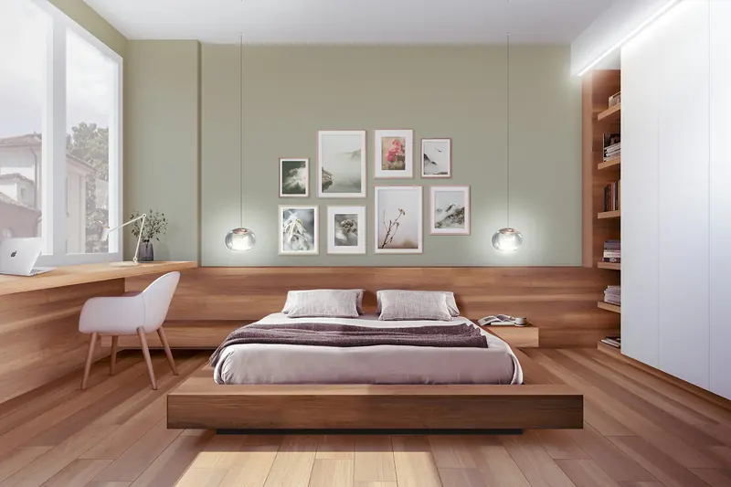 Dormitorio nórdico con madera clara, paredes en verde salvia y cuadros