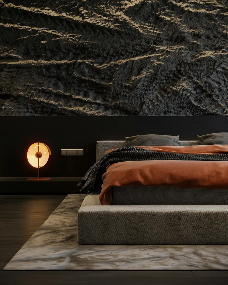 Dormitorio en estilo contemporáneo oscuro con ropa de cama en tonos cobre