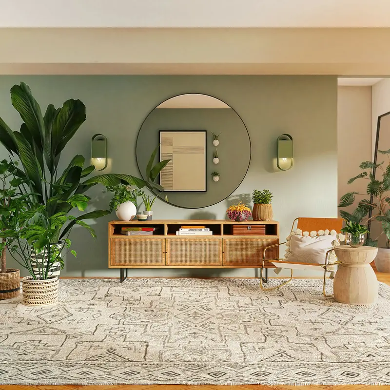 Salón con aparador de madera, espejo redondo y plantas