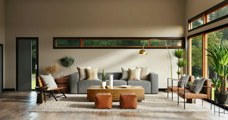 Salón en estilo cálido natural con madera, lino y tonos tierra